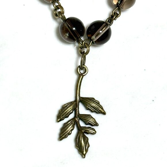 Natural Smoky Quartz Short Necklace, Genuine Gemstone + Cute Bronze Leaf Branch - Picture 6 of 14